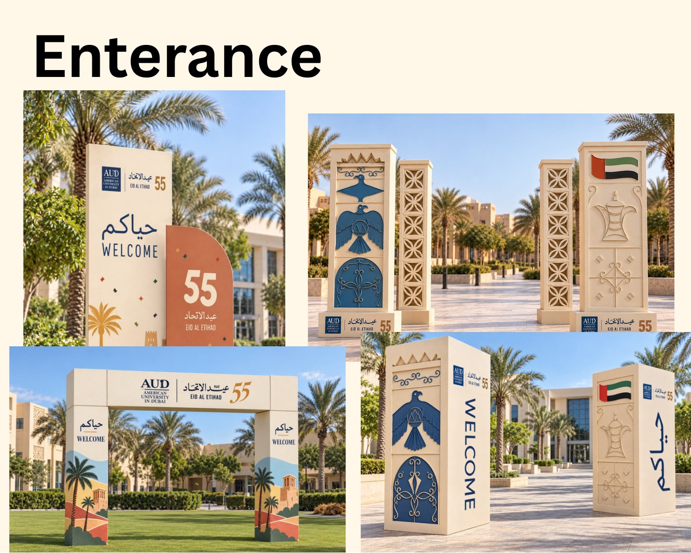Proposed entrance structures for AUD’s National Day celebration.