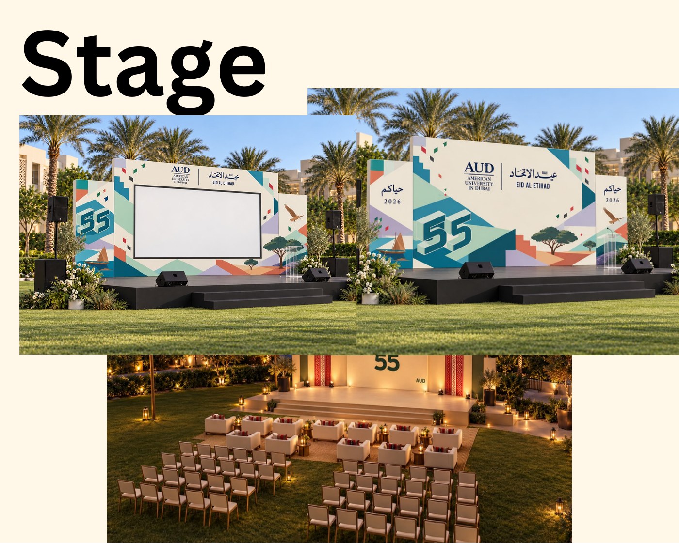Stage and seating design direction for AUD’s National Day celebration.